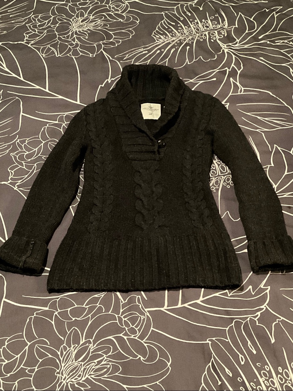 H&M Black Cable-Knit Shawl-Collar Turtleneck Sweater